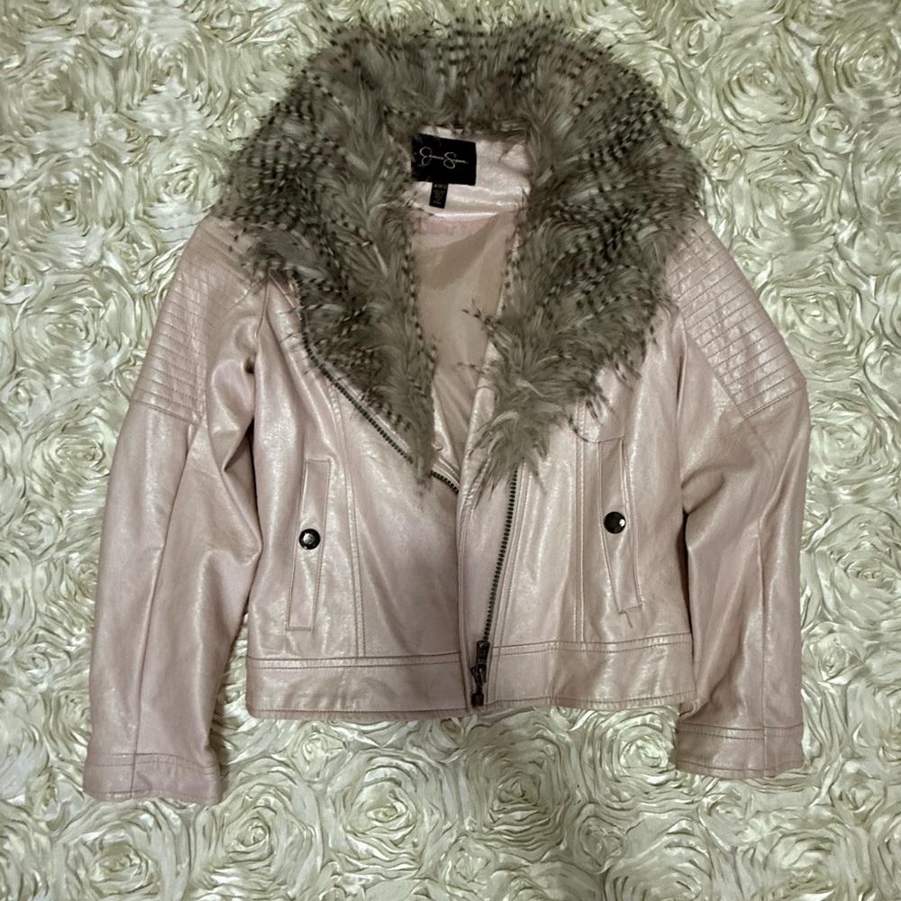 Jessica Simpson Blush Leather Jacket with Faux Fur Trim